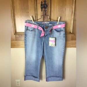 Mudd y2k cuffed cropped whitewashed jeans & decorative pink belt. NWT